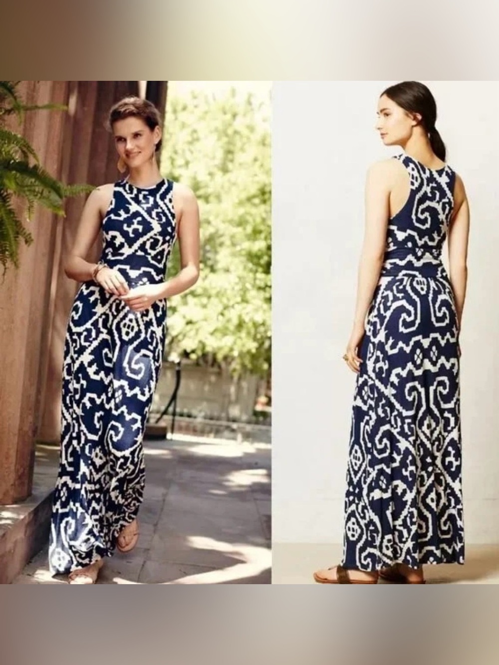 Anthropologie Maeve Scrollwork Blue White Tribal Sleeveless Maxi Dress SZ Medium
